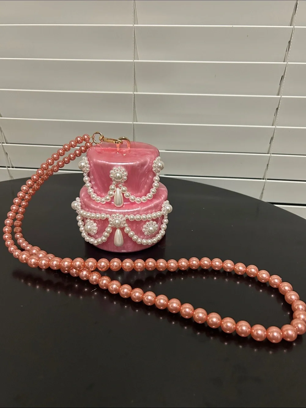 Pink Pearl-Embellished Jewelry Box Clutch